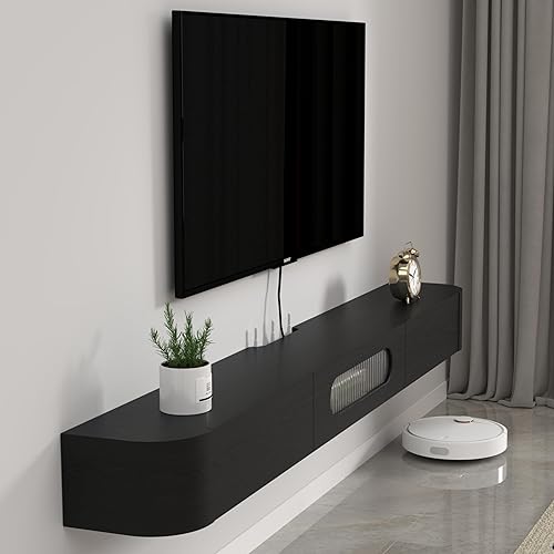 Pmnianhua Bois Massif Meuble TV Suspendu, Etagere TV Murale, Meuble TV Suspendu avec 2 Tiroirs et 1 Portes en Verre, Murale Flottante TV Meuble Etagere TV Support, Meuble TV Flottant (160cm/Noir) - Nail Gallerys