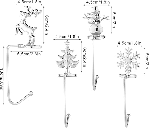 PEUTIER 4 Pièces Supports de Chaussettes de Noël, Arbre de Noël Élan Flocon de Neige Métal Porte-Bas Décoratif Crochets de Chaussettes de Noël Cintres pour Manteau Cheminée Fête Maison (Argent) - Nail Gallerys