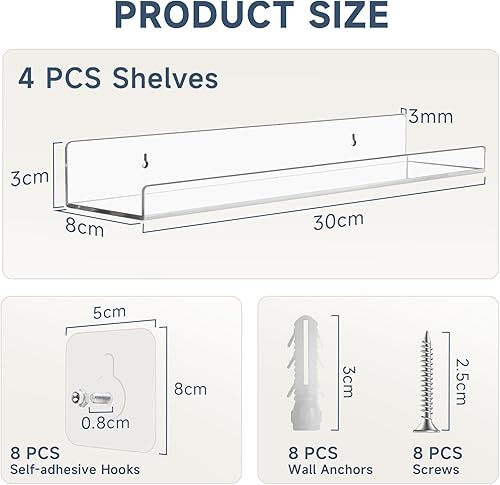 4 Pièces Étagère Flottante en Acrylique Transparent Étagère Murale 30 cm, Organisateur Suspendu pour Plantes, Jouets, Décoration Chambre, Salon, Salle de Bain, Cuisine - Nail Gallerys