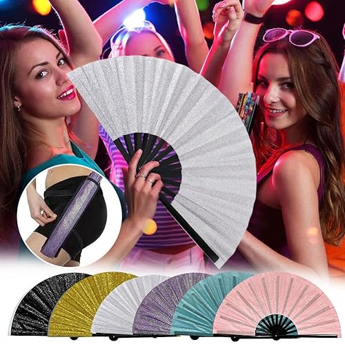 Grand éventail holographique à paillettes de 33 cm, éventail pliable pour danse en ligne, artisanat bottes sur le sol, pour événements, pour EDM, festival, club, fête, danse (noir) - Nail Gallerys