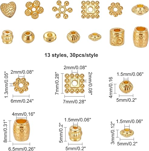 SUPERFINDINGS Environ 390pcs 13 Styles Perles Bijoux Style Tibétain Perles D'Espacement Perles en Alliage Perles à Grand Trou Charme Perle Dorée pour la Fabrication de Bijoux Bracelets - Nail Gallerys