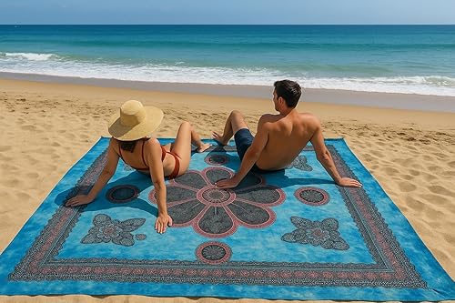 o-day Serviette de plage double coton ethnique – Grande serviette de plage 240 x 220 cm – Couverture de plage XXL artisanale multifonction (fleurs en vol, bleu poussière) - Nail Gallerys