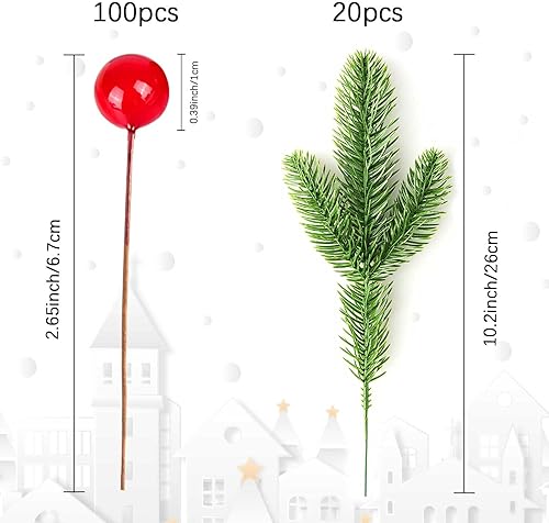 JINXIAN Lot de 20 Branches de pin artificielles avec 100 Baies de Houx Rouges artificielles pour Fabrication de Couronne de Noël - Aiguilles de pin artificielles pour Loisirs créatifs - Nail Gallerys