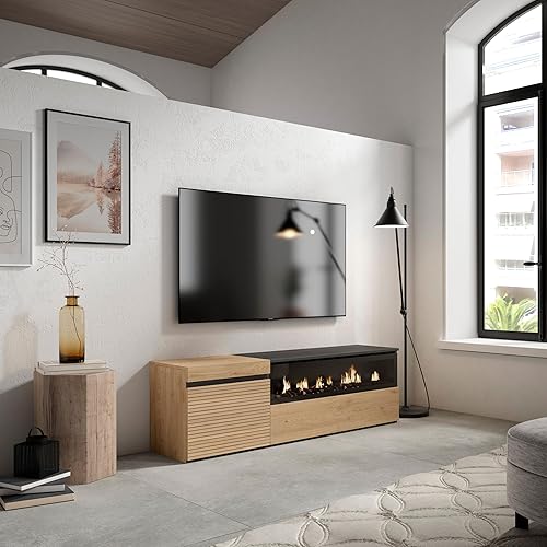 Skraut Home | Meuble TV | Banc Télé | Grand Espace de Rangement | 150x45x35cm | pour Les TV jusqu'à 65' | Cheminée électrique | Style Moderne | Chêne - Nail Gallerys
