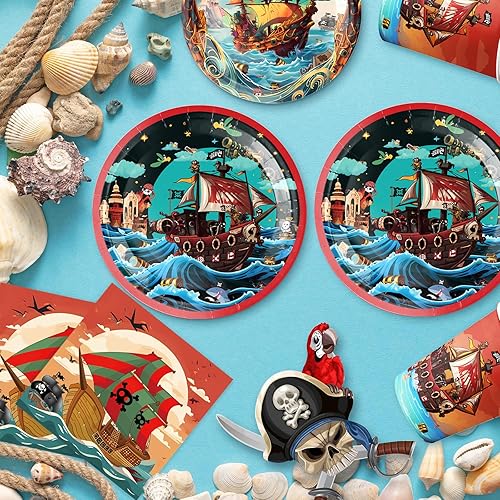 pekifaves Ensemble de vaisselle de fête pirate pour 10 invités, vaisselle d'anniversaire, assiettes jetables, gobelets en carton, serviettes, accessoires de fête d'anniversaire pour garçons et filles - Nail Gallerys