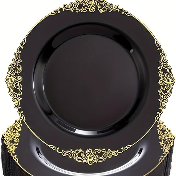 Lot de 25 assiettes à salade rondes en plastique blanc noir rose baroque 19 cm ou assiettes en plastique réutilisables avec feuille gaufrée et bord doré (noir, 26 cm) - Nail Gallerys