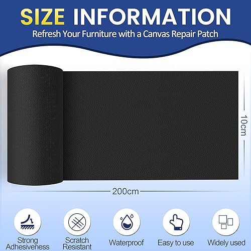 Tissu Autocollant Reparation Noir, 10x200cm Imperméable Patch de Réparation en Tissu de Toile, Kit Réparation Tissu adhésif pour Tentes, Bâches de Bateau, Canapés, Chaises - Nail Gallerys