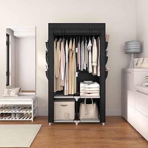 Vicye Armoire de Rangement Portable en Tissu, Penderie Tissu avec 4 Étages, 2 Barres de Suspension, Couverture et 6 Poches, Armoire Tissu Facile à Monter pour Chambre, Noir (90 x 45 x 172 cm) - Nail Gallerys