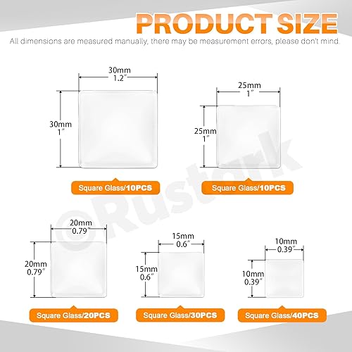 Rustark Assortiment de 110 cabochons carrés en verre transparent de 5 tailles - Cabochons en verre transparent non calibré - Grand cabochon en verre transparent pour travaux manuels, pendentifs, - Nail Gallerys