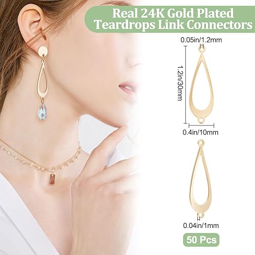 Beebeecraft 1 boîte de 50 anneaux à Maillons en Forme de Goutte D'Eau en Laiton Plaqué Or 24 carats avec Cadres Creux et Lunette Ouverte avec 2 boucles pour Loisirs Créatifs, Fabrication de Bijoux - Nail Gallerys
