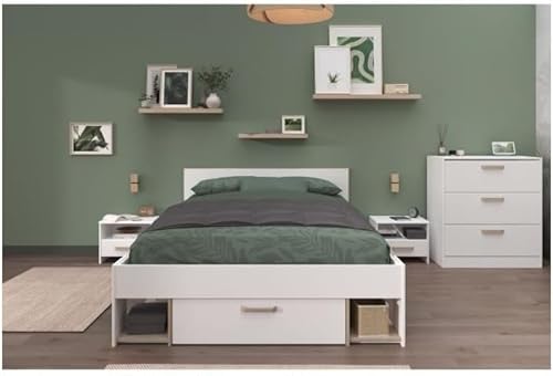 Parisot Chambre Complete Adulte Dream : Lit 140x190/200 cm + 2 chevets + Commode - Décor Blanc et Chene - Nail Gallerys