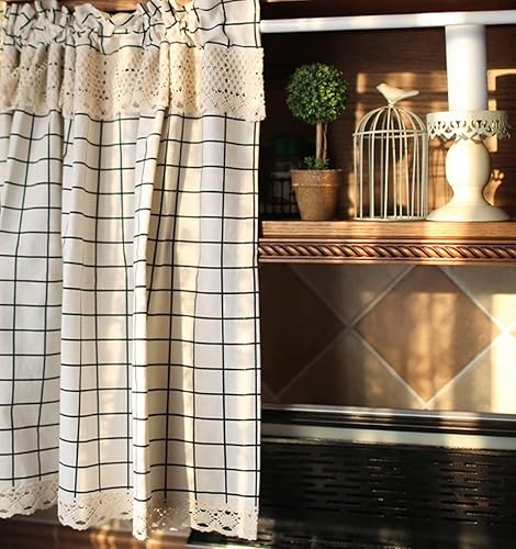 A.Monamour Rideau de Cuisine Court pour Petit Fenêtre Coton Lin Dentelle Carreaux Noir Blanc Opaque Rideau Brise-bise Rideaux à étages Rideaux à Disques Panneaux Cantonnières Demi Rideau Bistro Café - Nail Gallerys