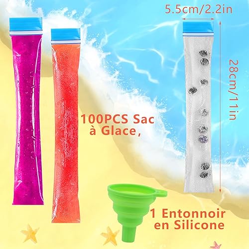 sulanmo 100PCS Sacs Popsicle, Sachets à Glaçons DIY, Moule Sacs de Sucettes Glacées avec Entonnoir pour Jus Yaourt Bonbon Glacé - Nail Gallerys