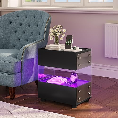 YITAHOME Table de Chevet Flottante à 2 Tiroirs avec Barre Lumineuse LED 7 Couleurs, Table d'Appoint Moderne avec Verre Trempé Dépoli pour Chambre à Coucher, Salon, Noir - Nail Gallerys