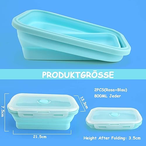 Tyafzzn Lot de 2 boîtes de conservation pliables avec couvercle - 800 ml - En silicone - Convient pour le camping, le pique-nique, le bureau, la cuisine - Bleu et rose - Nail Gallerys