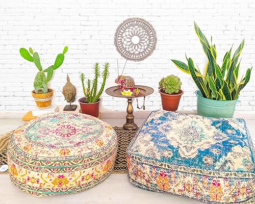 Mandala Life ART Boho Chic Yoga Decor Housse de Coussin de Méditation - 65 cm - avec Frange Vintage - Taie d'oreiller Del Sol - Carrée - Zafu décoratif en Coton imprimé - Nail Gallerys