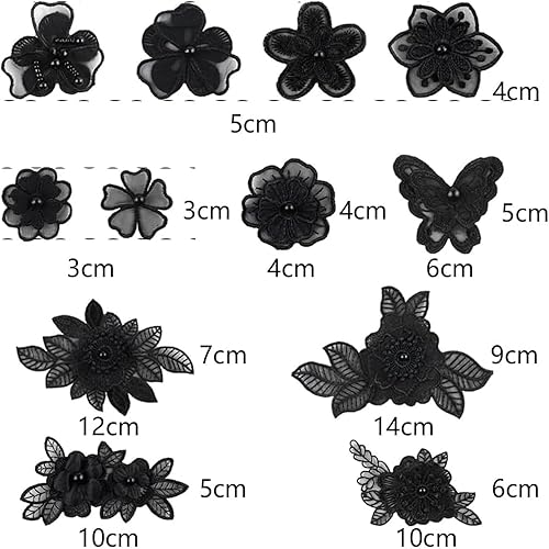 Belvanr Brodé de Dentelle Fleur 24 Pièces Appliques de Dentelle d'organza Noir Brodé de Dentelle Patchs de Dentelle pour Vêtements Garnitures Patch Brodé Fleur on Patchs Correctifs de Coudre - Nail Gallerys