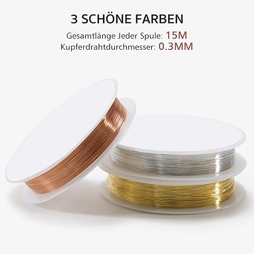 3 Rouleaux Fil de Cuivre Bijoux, Fil de Fer Souple Loisir Creatif, Fil Pour Bricoler avec Couleur Or Argent Cuivre, Pour le Bricolage et la Fabrication de Bijoux (0,3mm X 15m) - Nail Gallerys
