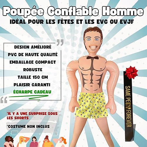 Poupée Gonflable Homme avec Écharpe Future Mariée - EVJF Enterrement de Vie de Jeune Fille - EVG Homme Accessoires Enterrement de Vie de Garcon - Taille réelle 150 cm - Rocky Romance - Nail Gallerys