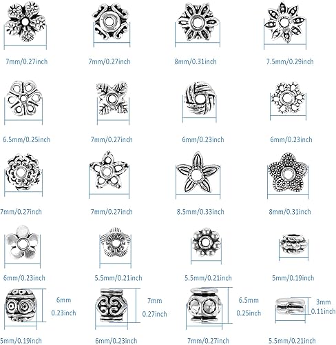 Perles Intercalaires Tibétaines en Argent, 160Pcs Perles d’Espacement Tibétain en Acier d'Alliage pour Création de Accessoire Bijou l'Artisanat DIY Colliers Bracelet (20 Styles) - Nail Gallerys