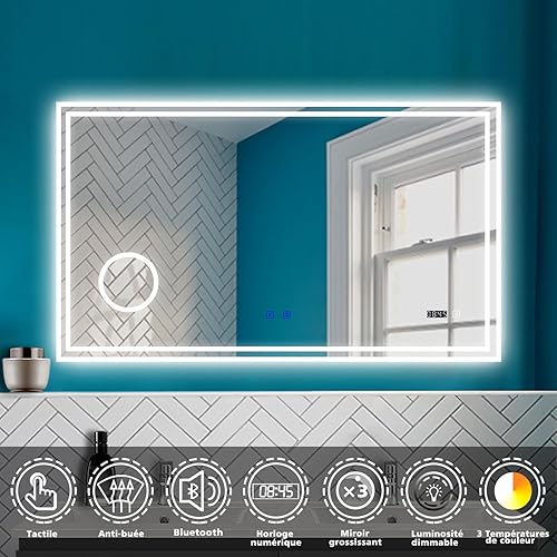 HAPAOSO Miroir Salle de Bain avec Éclairage 120x70 cm Miroir Salle de Bain LED，avec Bluetooth，3X loupe，Horloge,3 Couleurs，Anti-buée, Miroir Mural - Nail Gallerys
