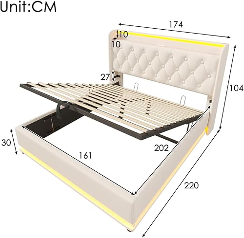 Lit coffre 160x200 avec fonction LED surround 360 et USB Type-C,lit 160x200 avec sommier à lattes,cadre de lit 2 personnes avec rangement,tissu en lin gris,tête de lit rembourrée(sans matelas) - Nail Gallerys
