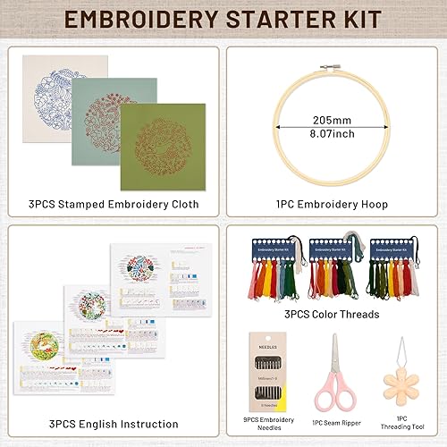 XM-GENYUE 3PCS Kit de Démarrage de Broderie, 1 Cerceau de Broderie, 3 Tissus à Broder avec Motifs Lapin, Fils, Aiguilles et Dessins Pré-imprimés, Point de Croix, Artisanat DIY - Nail Gallerys