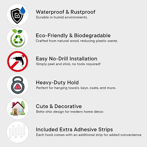 Indian Shelf Crochets muraux adhésifs décoratifs bohème en bois pour manteaux – 3 crochets 6 bandes – Imperméable – Porte-serviettes antirouille – Cintres sans perçage pour salle de bain et cuisine - Nail Gallerys