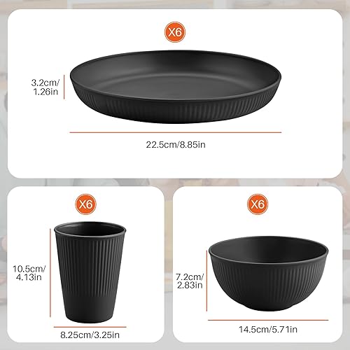 FUNYKICH Lot de 18 assiettes et bols en plastique noir incassables pour enfants avec assiettes à dessert, bols, tasses, service de table de camping - Passe au lave-vaisselle et au micro-ondes - Nail Gallerys