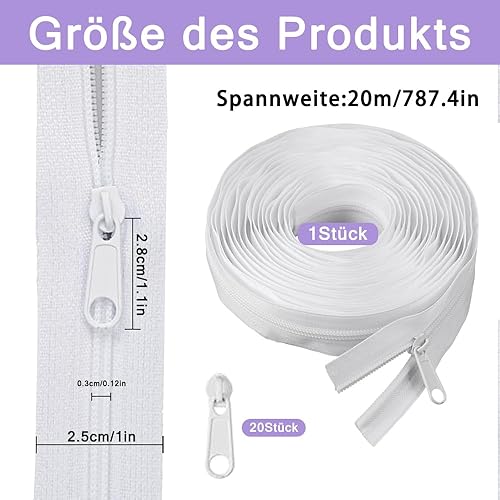 Fermeture éclair sans fin, longue fermeture éclair en spirale, 20 m, fermeture éclair sans fin en nylon, au mètre, avec 40 curseurs en métal, pour linge de lit, vêtements, sac - Nail Gallerys