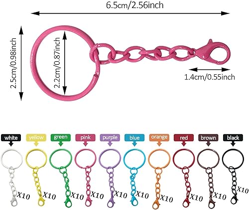 100 Pièces Porte Clef de 25mm,Anneau Porte Clé avec Chaîne avec Fermoir Mousqueton,Coloré Porte Cles,Attache Porte Clef Loisir Creatif,Attache Porte Clef pour Bricolage Artisanat 10 Couleur - Nail Gallerys
