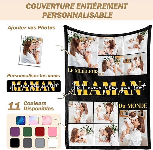 iDIY Fete des Mères-Plaid Personnalisé Photo et Texte Couverture personnalisée Cadeaux personnalisé pour Femmes Hommes Famille Amis Elle Lui Cadeaux pour la Saint-Valentin Fête des pères/Mère Noël - Nail Gallerys