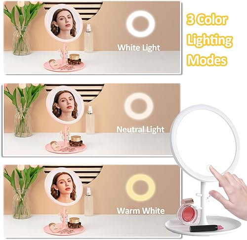 Ovker Miroir Maquillage avec Lumière, LED Miroir Rechargeable avec 3 Réglages d'éclairage, Super HD Miroir de Table Portable Réglable à 90° Miroir Cosmétique sans Fil pour Salle de Bain Voyage - Nail Gallerys
