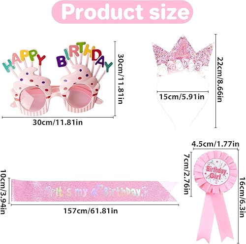 Lot de 4 décorations de 4e anniversaire pour filles, y compris une écharpe d'anniversaire à paillettes, un badge rose, une couronne de fleurs et des lunettes pour filles de 4 ans - Nail Gallerys