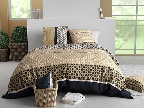 Stof Parure de Lit Moderne, Housse de Couette 220x240 cm avec 2 Taies d'oreiller, Motif Géométrique, Beige et Noir - Nail Gallerys