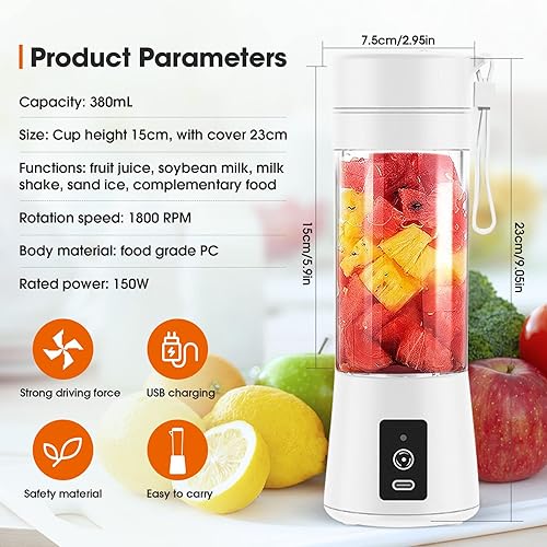 Mixeur Portable pour Smoothie, 380ml Mixeur Portable pour Shakes et Smoothies Mini Mixeur Smoothie, avec Bouteille en Verre, Rechargeable par USB Blanc - Nail Gallerys