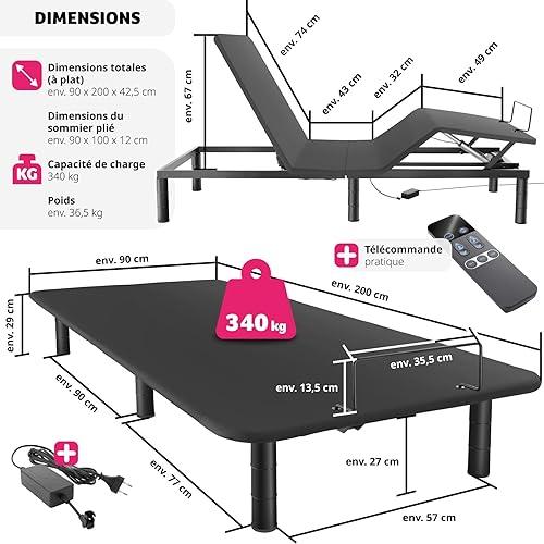 TecTake® Sommier 90x200 électrique Pliable pour Lit Adulte, Lit ado ou Lit Enfant avec Moteur Silencieux & télécommande, Éclairage indirect LED, Repose Pieds Variable Lit Pliant Sommier Pliable - Nail Gallerys
