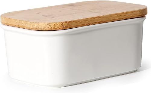 Theo&Cleo Beurrier en céramique avec couvercle en bois - 250 g - Style vintage - Blanc - Nail Gallerys