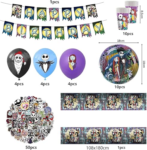 DEVOKE 84 Pièces Nightmare Before pour Fête de Noël et Halloween Cauchemar Veille, comprenant Assiettes, Tasses, Nappes, Bannières, Ballons, Autocollants, Décorations pour Halloween. - Nail Gallerys