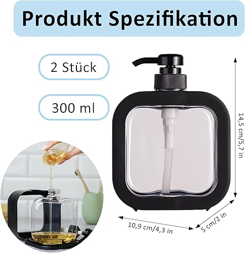 Distributeur Savon, 2 Pièces Transparent Bouteilles de Gel Douche, 300 ML Distributeur Gel Douche, Flacons Savon Cuisine, Bouteilles de Shampooing et D'après Shampooing, Noir(Réutilisable) - Nail Gallerys