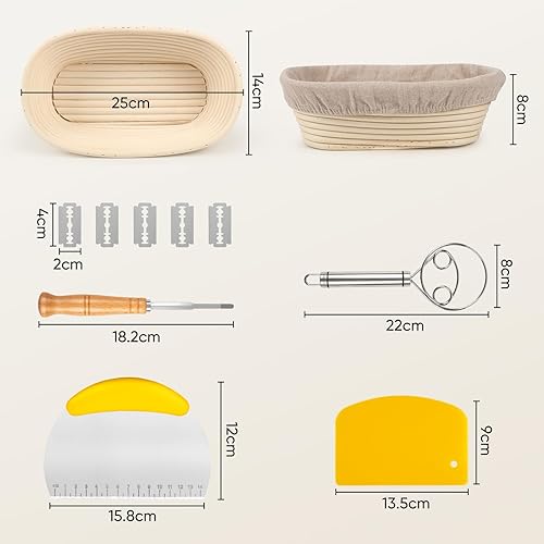 Lot de 2 Banneton pour Pain Ovale de 25cm,Corbeille à Pain+Grattoir en Métal + Grattoir en Plastique + Fouet à Pâte + Lame à Pain, Idéal pour la Pâte à Pain au Levain et à la Levure - Nail Gallerys