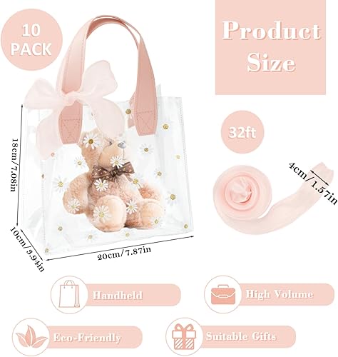 MOAMUN 10Pièces Floride Sac Cadeau Transparent avec Ruban Décoratif, 20x20x8cm PVC Sacs Cadeaux avec Poignée, Sac Cadeaux Sachet Cadeaux Imperméables et Réutilisables pour Mariage Fête Noël(Rose) - Nail Gallerys