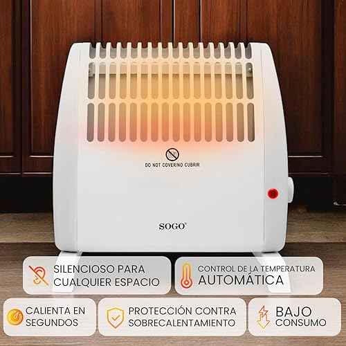 Sogo Poêle à convection, chaleur instantanée et silencieuse, thermostat réglable, protection contre la surchauffe, blanc, compact (27,5 x 18 x 27,8 cm), idéal pour les petits espaces (SS-18405) - Nail Gallerys