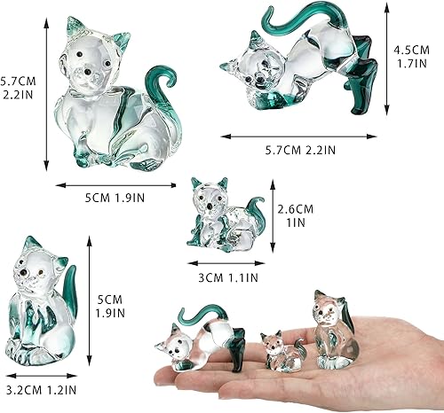 HDCRYSTALGIFTS Lot de 4 figurines de chat en verre soufflé à la main à collectionner, statue d'animal miniature en verre pour décoration d'intérieur, cadeau - Nail Gallerys