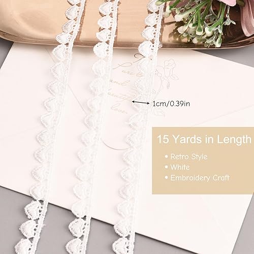 URROMA Bordure en Dentelle Cœur Blanc, Garniture de Ruban de Dentelle Brodée Blanche en Dentelle Blanche pour la Couture, Garniture en Tissu Métallique Crafts, 15 Yards - Nail Gallerys
