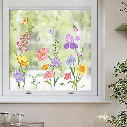 Tanlaby Stickers Fenetre Fleur Printemps Papillon Coloré Autocollants Fenetre Vertes Stickers Réutilisables de Porte Vitre Fenêtre en Verre Antistatique Double Face - Nail Gallerys