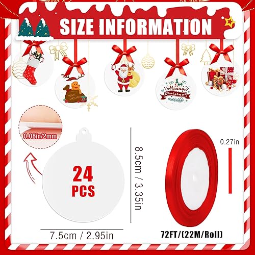 Lot de 24 Boules de Noël en Acrylique Transparent - Pendentif pour Sapin de Noël avec Ruban Rouge - Plaques en Plastique à Suspendre Soi-même - Nail Gallerys