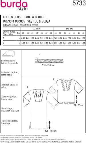 Burda style Patron de couture pour femme #5733 Robe tunique avec broderie, chemisier avec passepoil Taille 36-48 - Nail Gallerys