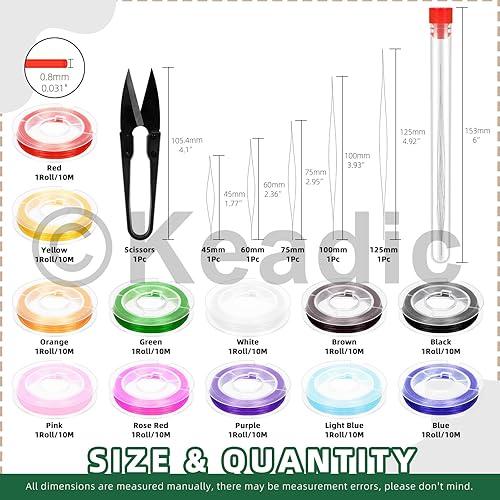 Keadic Lot de 18 cordons élastiques plats de 0,8 mm avec étui de rangement pour la fabrication de bracelets et colliers - 12 couleurs - Fil magique extensible pour perles d'argile/cristal/poney - Nail Gallerys