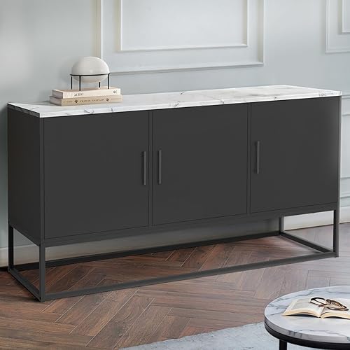 IDMarket - Buffet Bas 113 cm Alaska 3 Portes Noir Plateau Effet marbre Blanc - Nail Gallerys